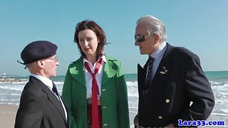 Uniformed milf spitroasted by old guy in trio